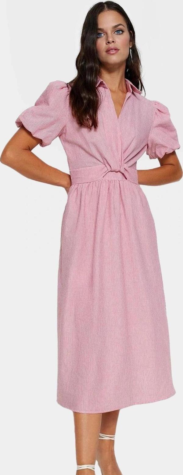 Şık Çizgili Midi Elbise Rahat Dokuma Pamuklu Kumaş Gömlek Yaka Skater Kalıp Konforlu Kesim - Image 1