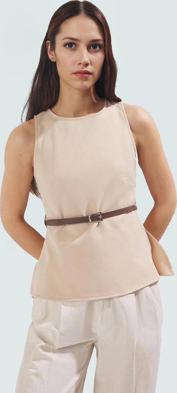 Bisiklet Yaka Slim Fit Dokuma Bluz Kemerli Yazlık Günlük Kullanım İçin Rahat Ve Şık Görünüm - Image 1