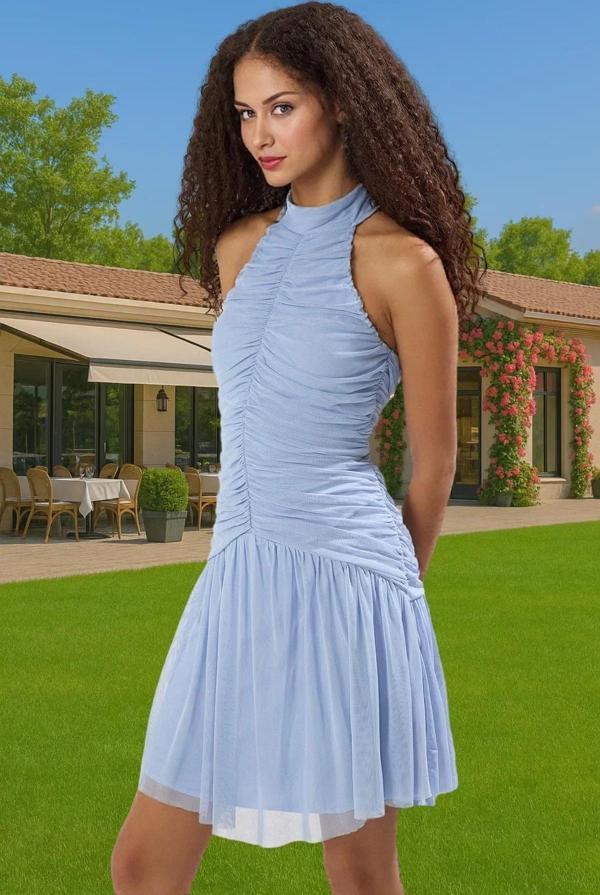 Şık A Kesim Büzgülü Tül Abiye Elbise Halter Yaka Yazlık Modern Stil Rahat Ve Şık Mükemmel Uyum - Image 1