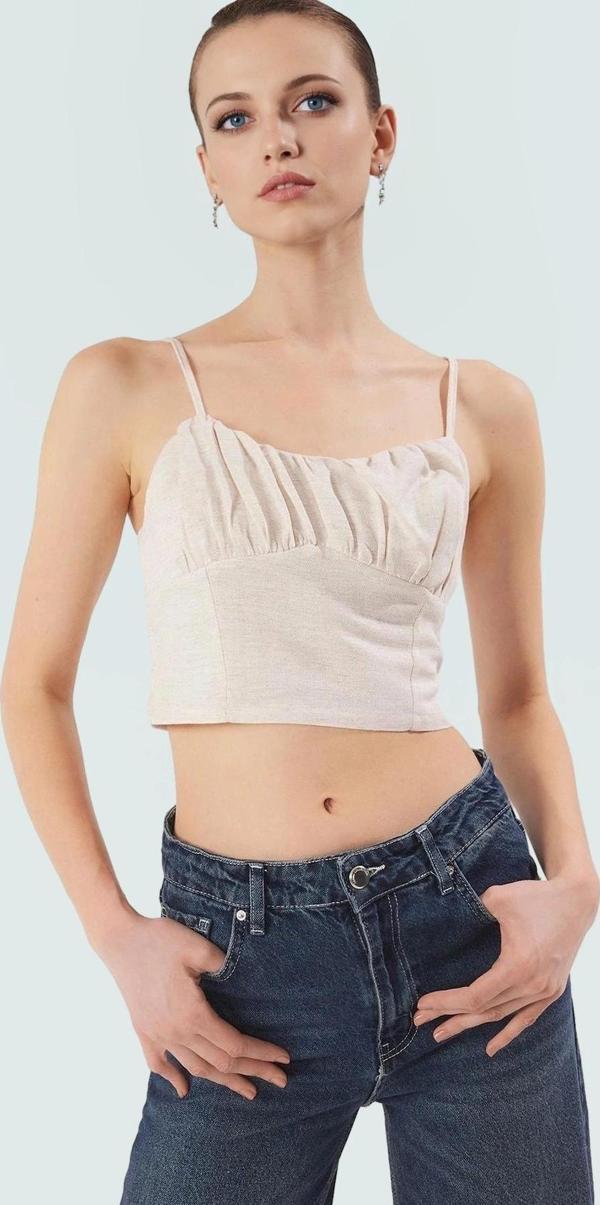 Keten Görünümlü İnce Askılı Crop Bluz Yazlık Rahat Günlük Stil Şık Görünüm Profesyonel - Image 1