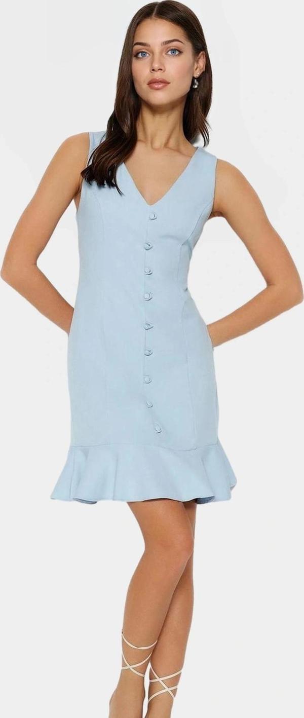 A Line Mini Dokuma Elbise Finike Kumaş V Yaka Düğmeli İş Elbisesi Günlük Kullanım İçin Mükemmel Uyum - Image 1