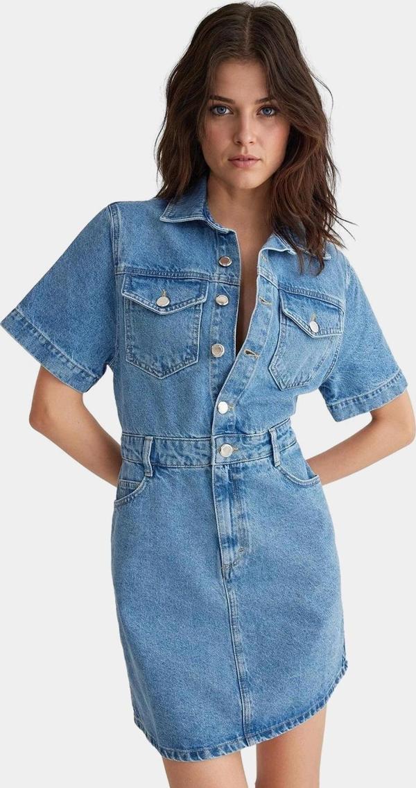 Denim Gömlek Elbise Kısa Kollu Midi Boy Pamuk Casual Mükemmel Uyum Konforlu Kesim Seçkin Malzeme - Image 1