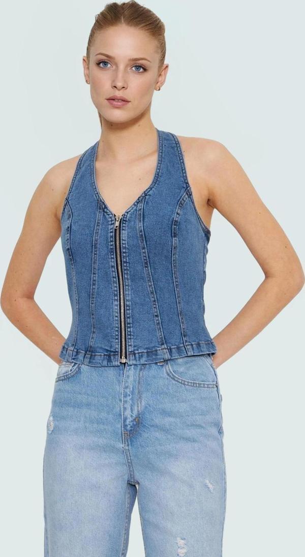 Yazlık Denim Bluz Fitted Halter Yaka Stretch Pamuklu Günlük Şık Görünüm Zarifane Tasarım - Image 1
