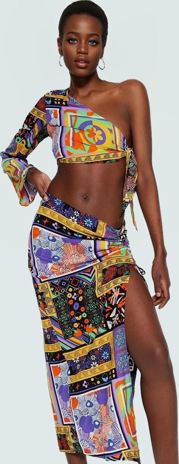 Şık Etnik Desenli Viskoz Bluz Etek Plaj Takımı Yaz İçin Yüksek Kalite Premium Rahat Kullanım - Image 1