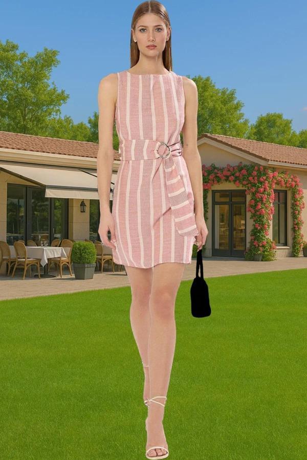 Şık Keten Dokulu Çizgili Mini Elbise Kemerli Viskoz Karışımlı Yazlık Özel Tasarım Modern Stil - Image 1