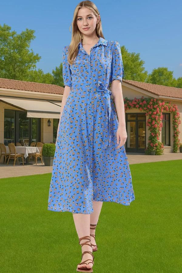 Kadın Midi Boy Gömlek Elbise Animal Desenli Viskoz Kumaş Günlük Stil Modern Stil - Image 1