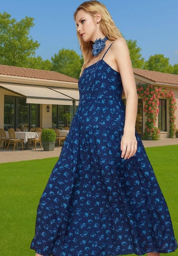 Yazlık Çiçek Desenli A Kesim Midi Viskoz Elbise Rahat Günlük Stil Günlük Kullanım İçin - Image 1