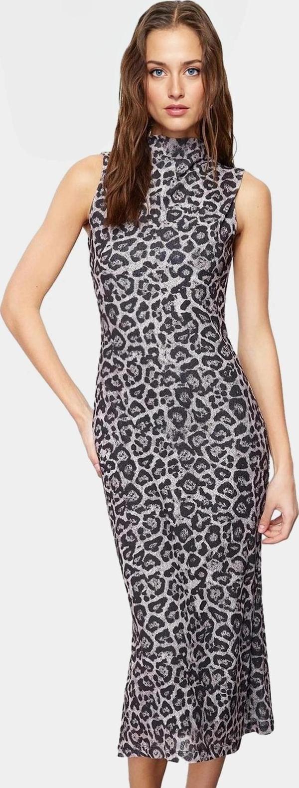 Leopar Desenli Midi Kalem Elbise Polyester Örme Kumaş Bodycon Kalıp Yazlık Dayanıklı Malzeme - Image 1