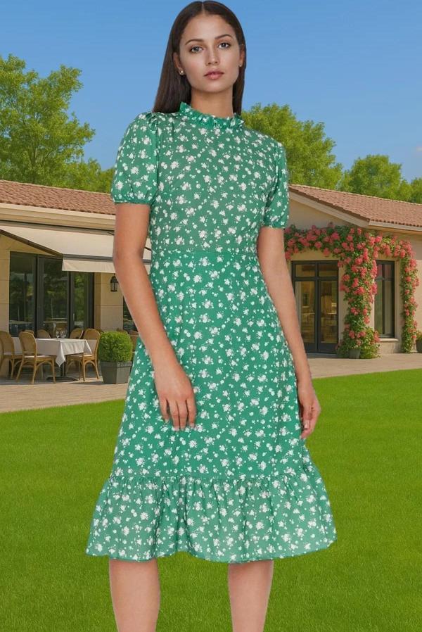 A Kesim Midi Boy Fırfırlı Çiçekli Dokuma Elbise Yazlık Günlük Profesyonel Görünüm Yüksek Kalite - Image 1