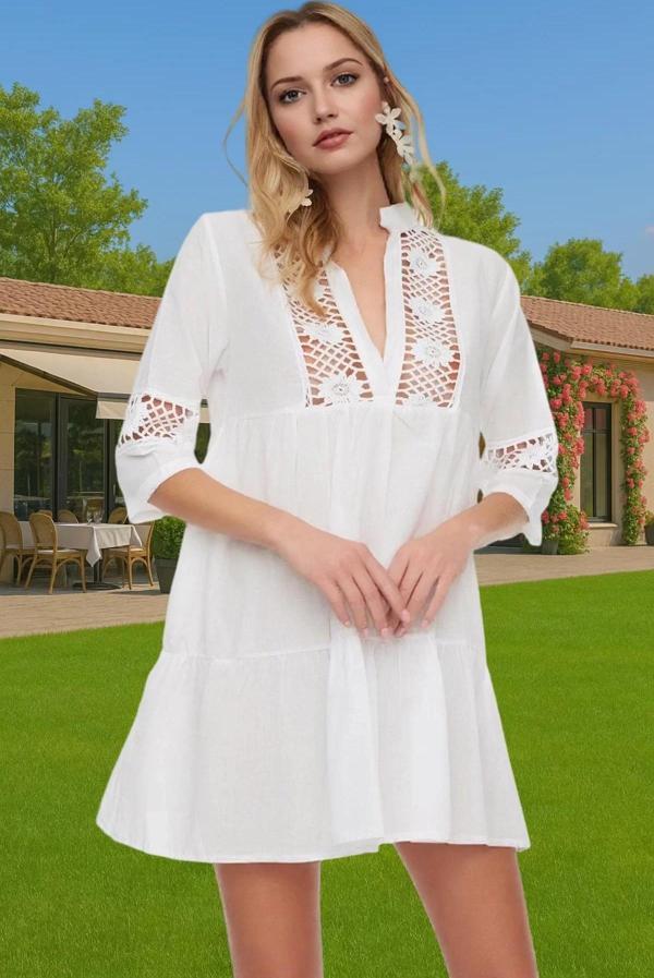 Yazlık Kadın Mini Plaj Elbisesi V Yaka Dantel Detaylı Pamuklu Profesyonel Görünüm Rahat Kullanım - Image 1