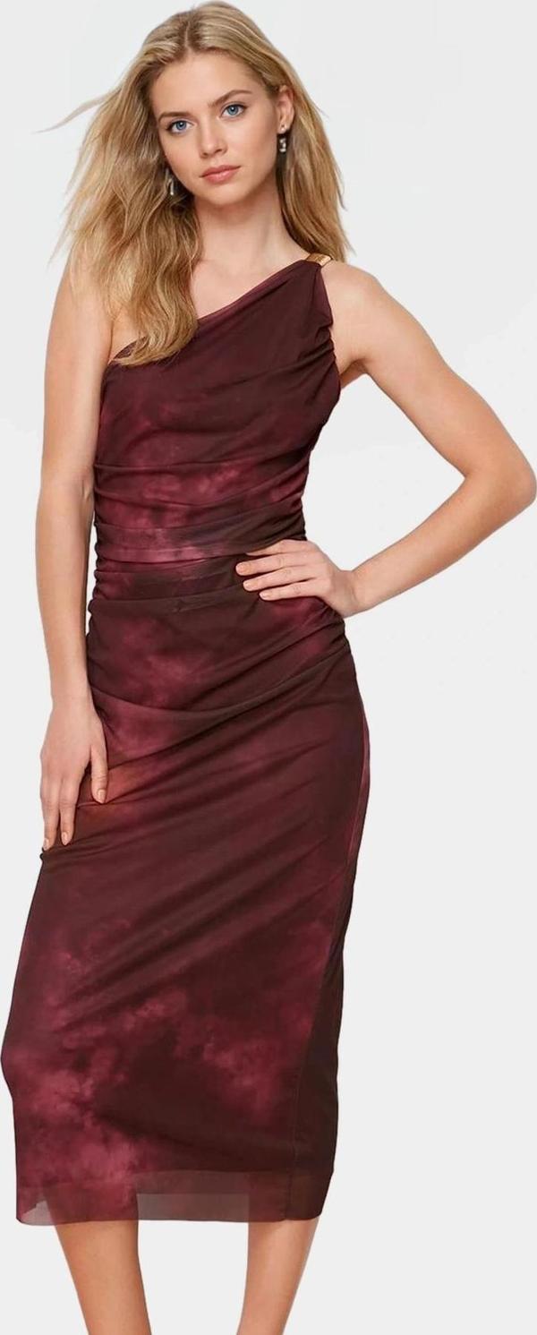 Şık Midi Elbise Tek Omuzlu Örme Tül Kumaş Modern Stil Rahat Ve Özenle Seçilmiş - Image 1