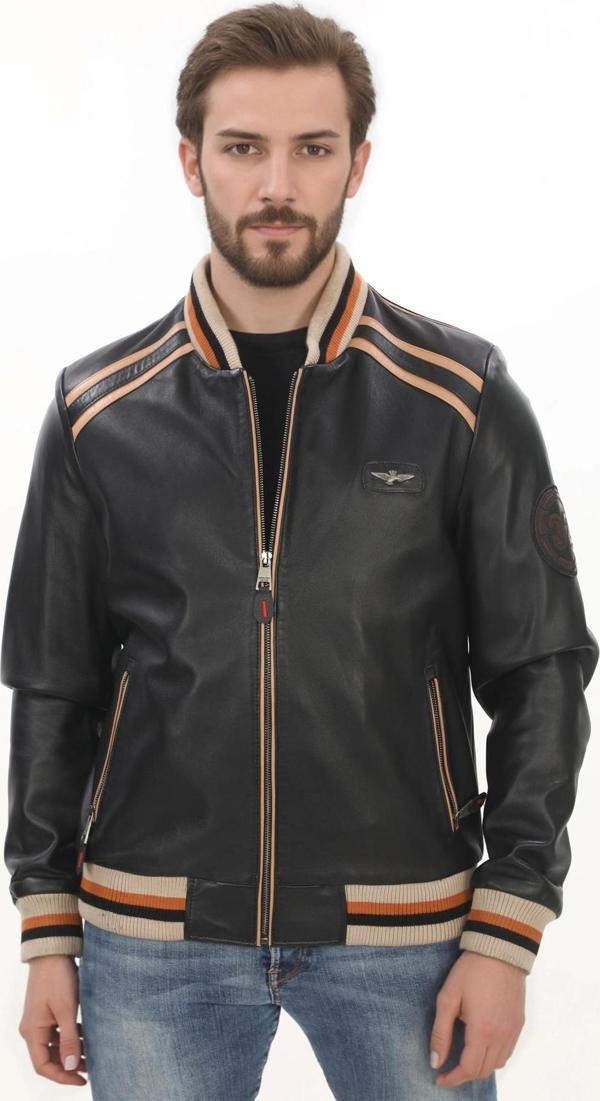 Erkek Spor ve Şıklık Bir Arada Derimont Varsity Hakiki Kuzu Derisi Bomber Ceket Erkek Mont - Image 1
