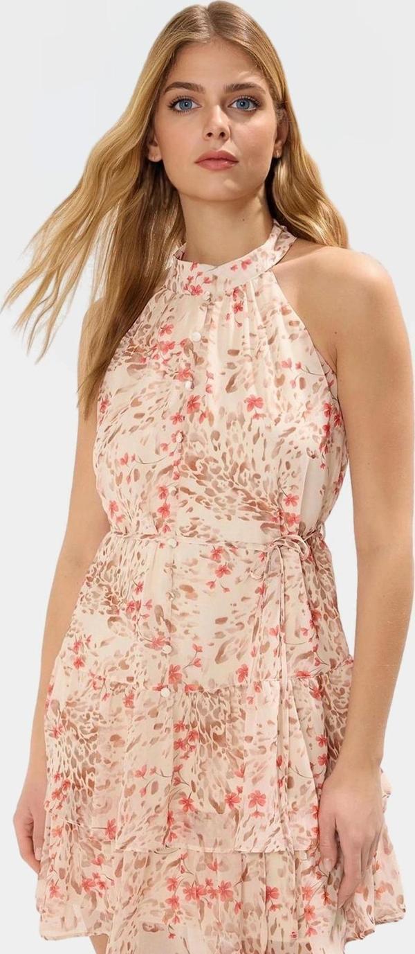 Çiçekli Desenli Halter Yaka Mini Elbise Hafif Polyester Kumaş Yazlık Günlük Şık Görünüm - Image 1