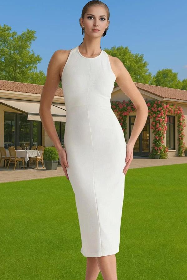 Zarif Vücut Şekillendirici Midi Elbise Taş Detaylı Dokuma Kumaş Rahat Kullanım Modern Stil - Image 1