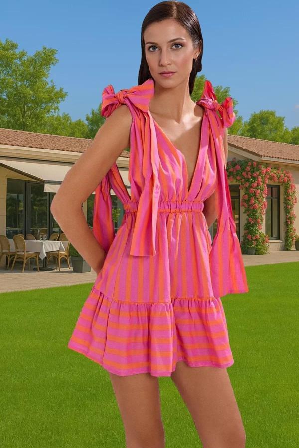 Çizgili Mini Pamuklu Plaj Elbisesi V Yaka Bağcıklı Yazlık Profesyonel Görünüm Rahat Ve Şık - Image 1