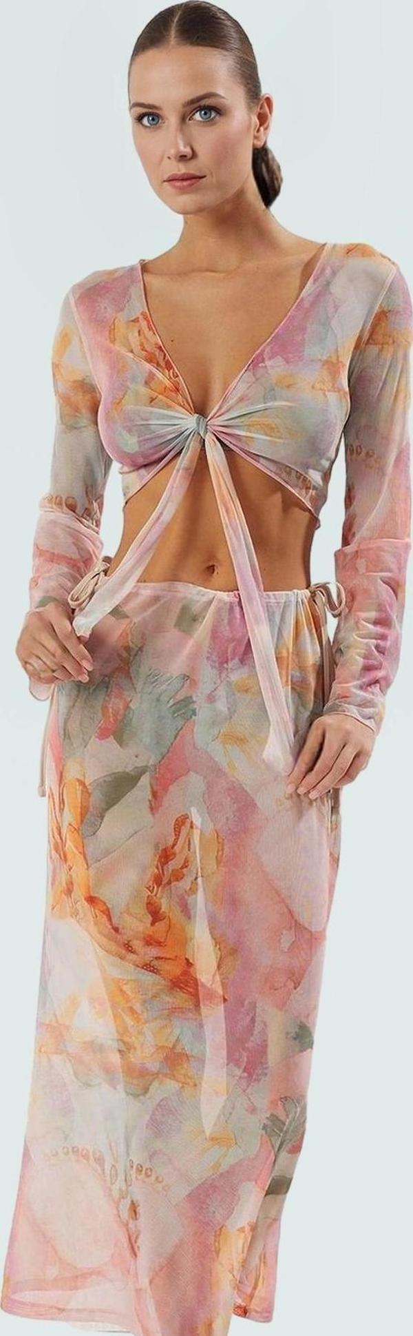 Şık Kadın Uzun Bluz Etek Plaj Takımı Örme Polyester Yazlık Yüksek Kalite Zarifane Tasarım - Image 1