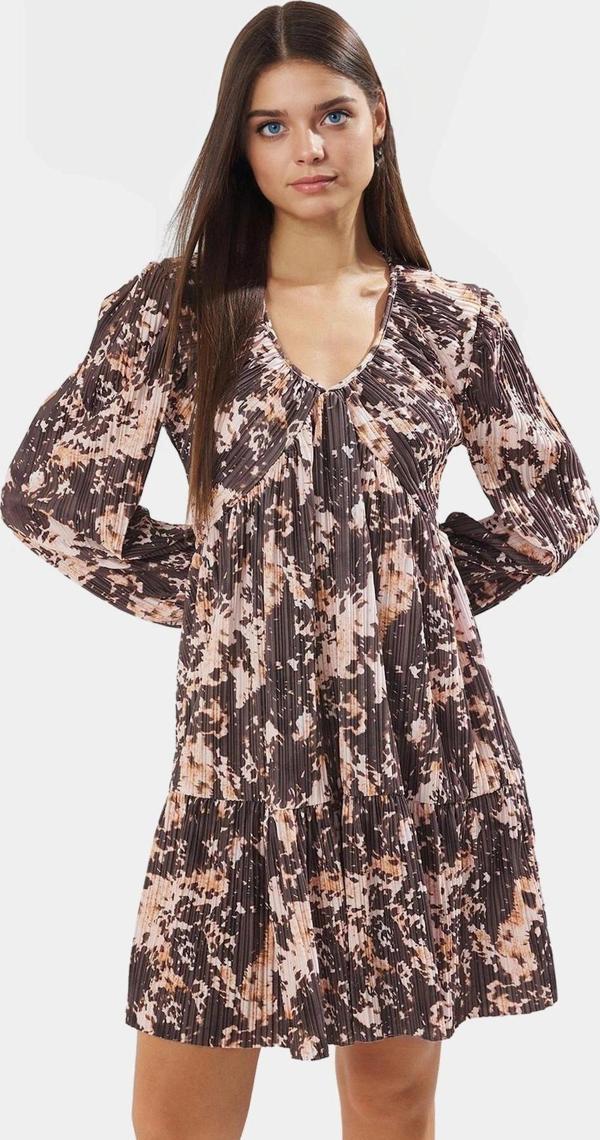 Plise Mini Elbise Soyut Desenli V Yaka Örme Polyester Yazlık Rahat Ve Şık Mükemmel Uyum - Image 1