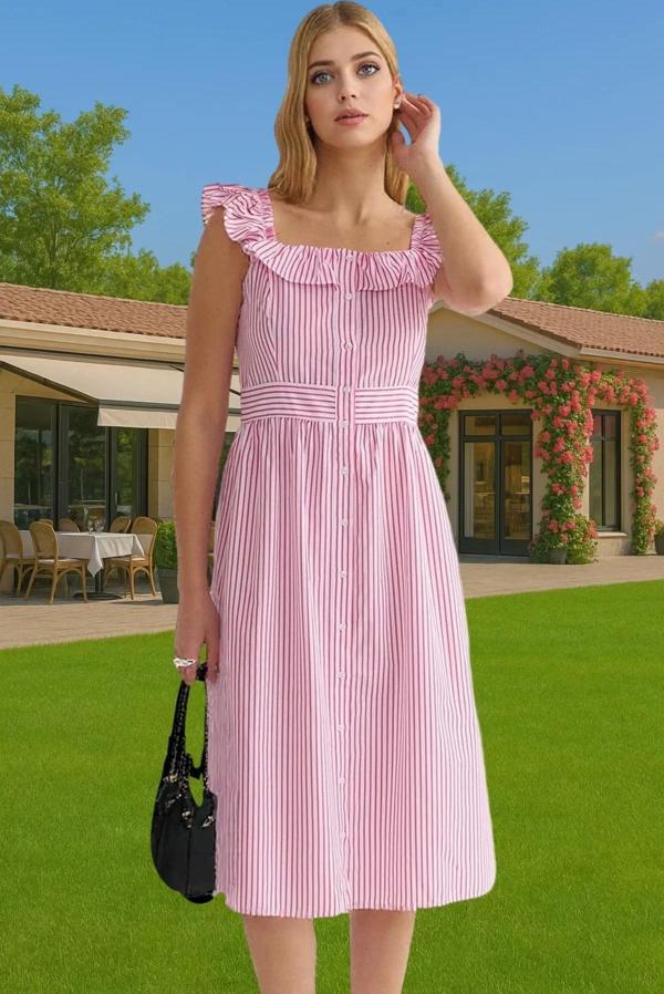 Yazlık Çizgili Midi Gömlek Elbise Pamuklu Polyester Günlük Stil Konforlu Kesim Şık Görünüm - Image 1