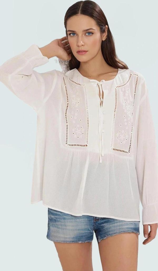 Yazlık Viskon Crinkle Bluz Nakışlı Balon Kol Günlük Şık Zarifane Tasarım Özel - Image 1