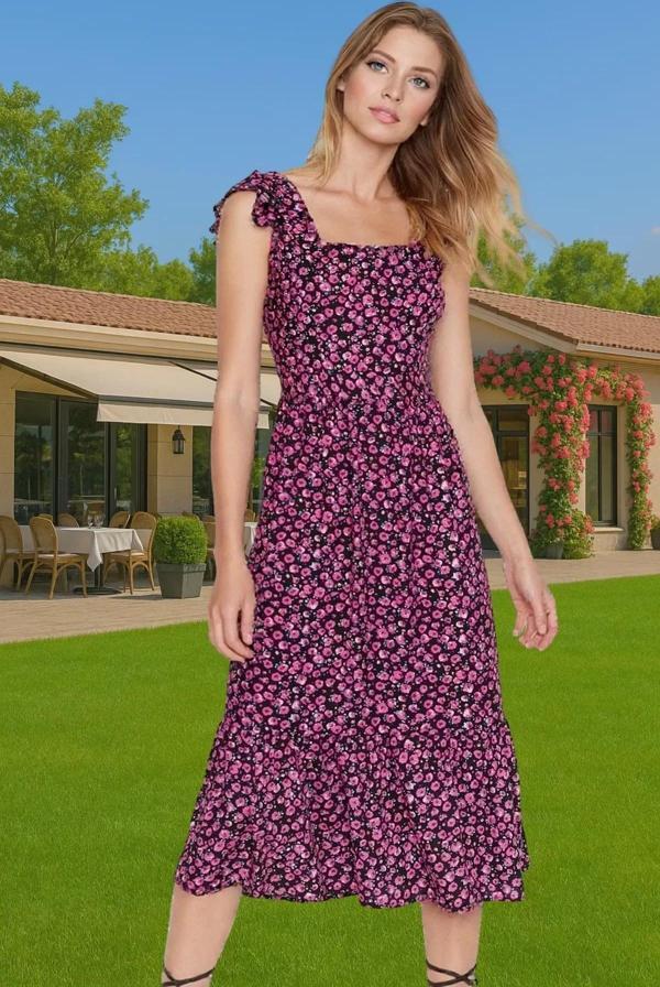 Çiçek Desenli A Kesim Midi Viskoz Elbise Büzgülü Kolsuz Yazlık Dayanıklı Malzeme Profesyonel Görünüm - Image 1