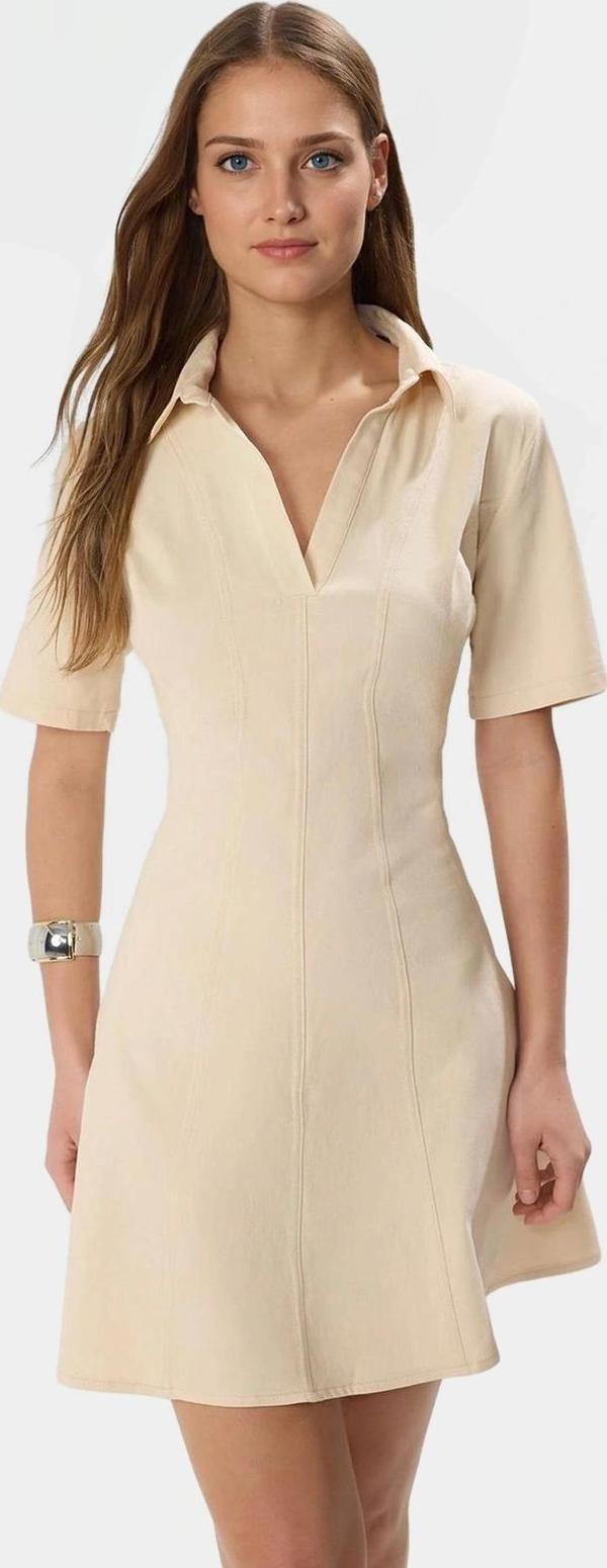 Gabardin Kumaş Mini Elbise Belden Açılan Dikiş Detayı Günlük Stil Premium Kalite - Image 1