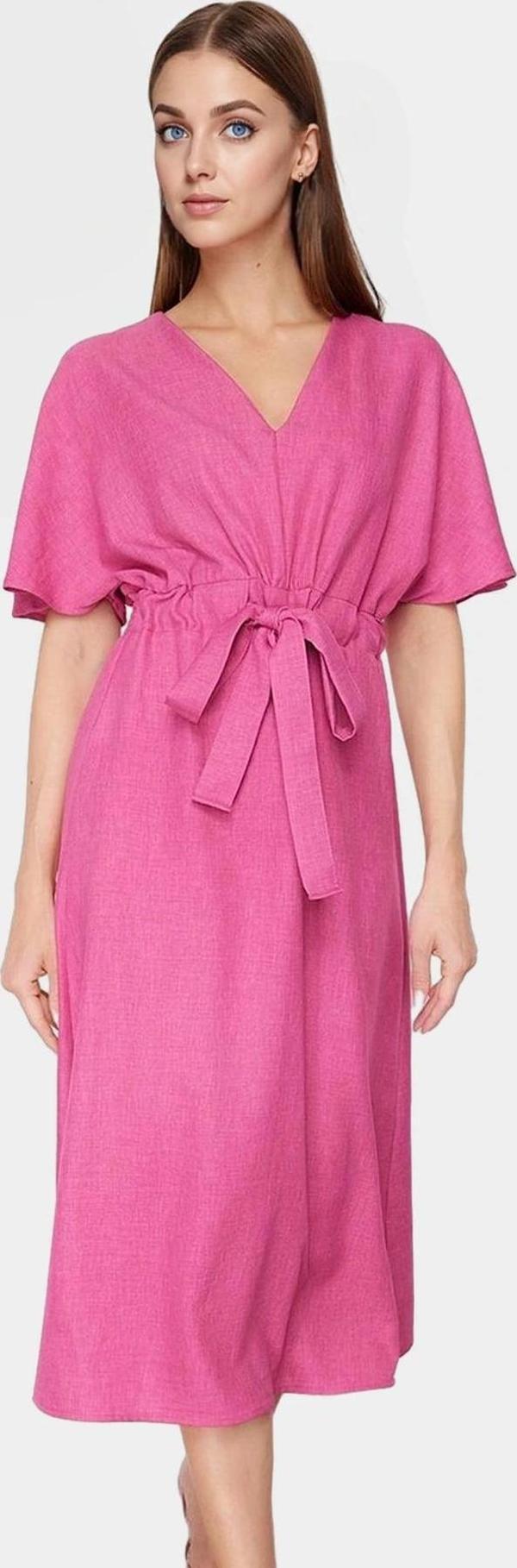 Kadın A Kesim Midi Elbise Keten Görünümlü Polyester Kuşaklı V Yaka Yüksek Kalite Zarifane Tasarım - Image 1