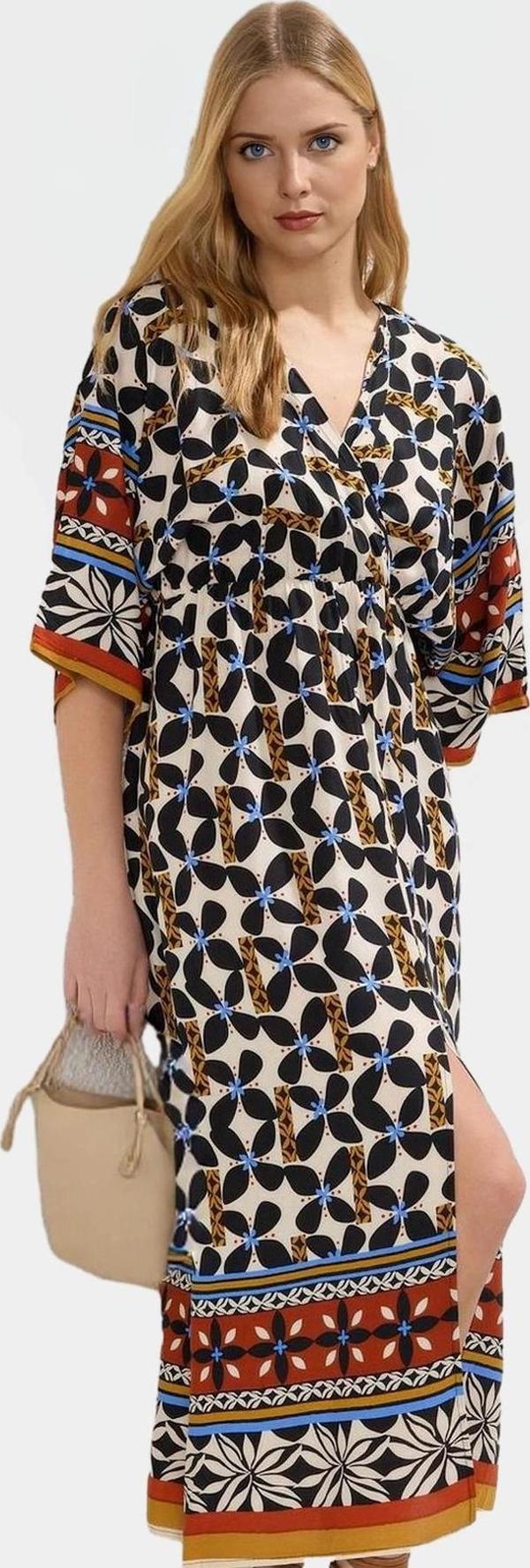 Çok Etnik Desenli Midi Viskoz Elbise A Kesim Truvakar Kol Yazlık Seçkin Malzeme - Image 1