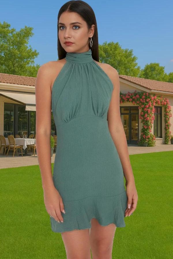 Kadın Halter Yaka A Kesim Mini Elbise Aerobin Dokuma Yazlık Günlük Seçkin Malzeme Rahat Kullanım - Image 1