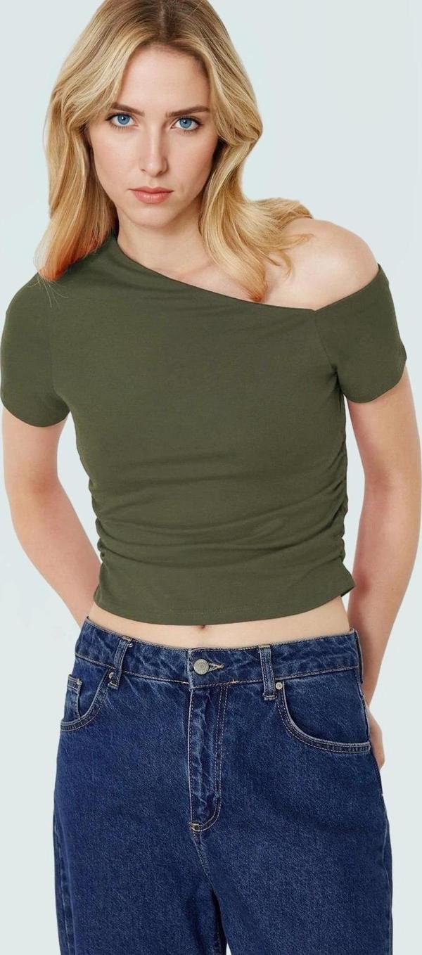 Crop Kısa Kollu Örme Bluz Asimetrik Yaka Günlük Stil Uzun Ömürlü Konforlu Kesim Mükemmel Uyum - Image 1