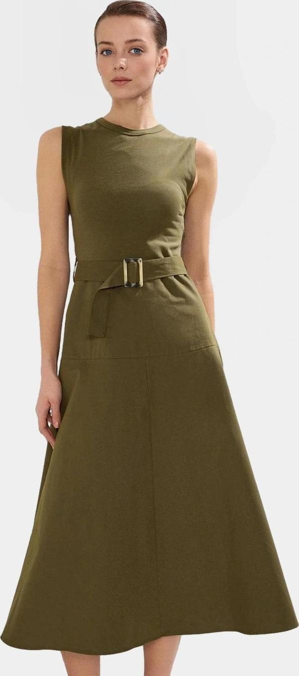 Kadın Kemerli A Kesim Midi Gabardin Elbise Günlük Şıklık Rahat Ve Şık Trend Tasarım - Image 1