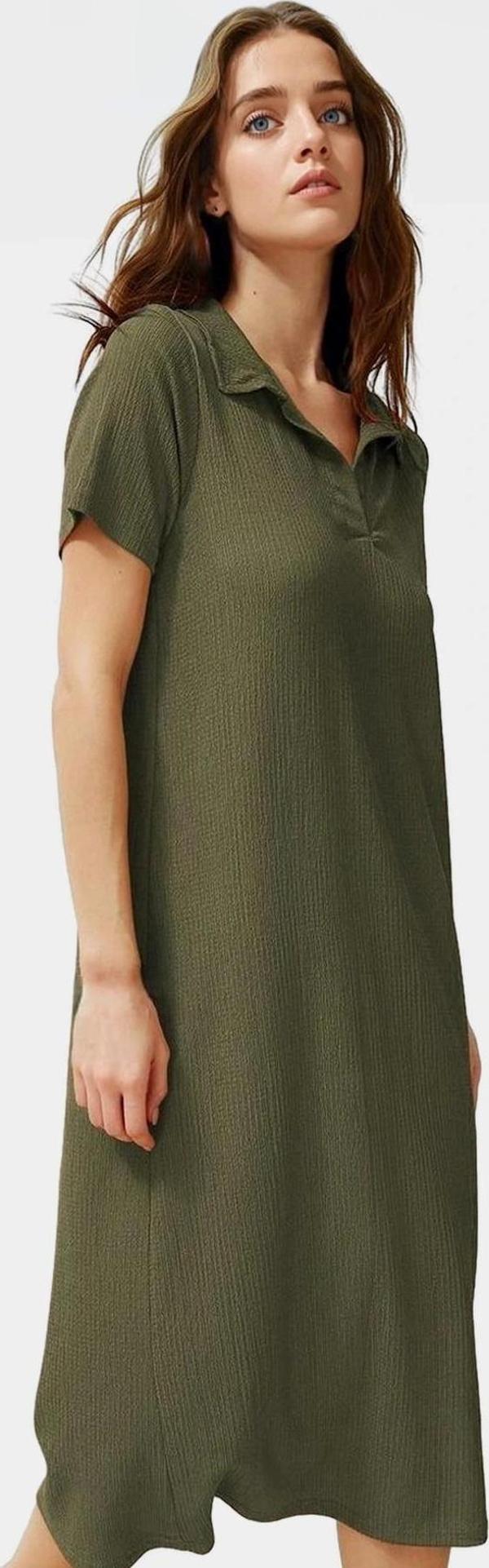 Kadın Örme Kısa Kollu Polo Yaka Midi Elbise Rahat Yazlık Günlük Stil Dayanıklı Malzeme - Image 1