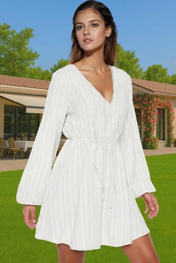 Plaj Elbisesi Keten Karışımlı Uzun Kollu V Yaka Mini Yazlık Profesyonel Görünüm Konforlu Kesim - Image 1