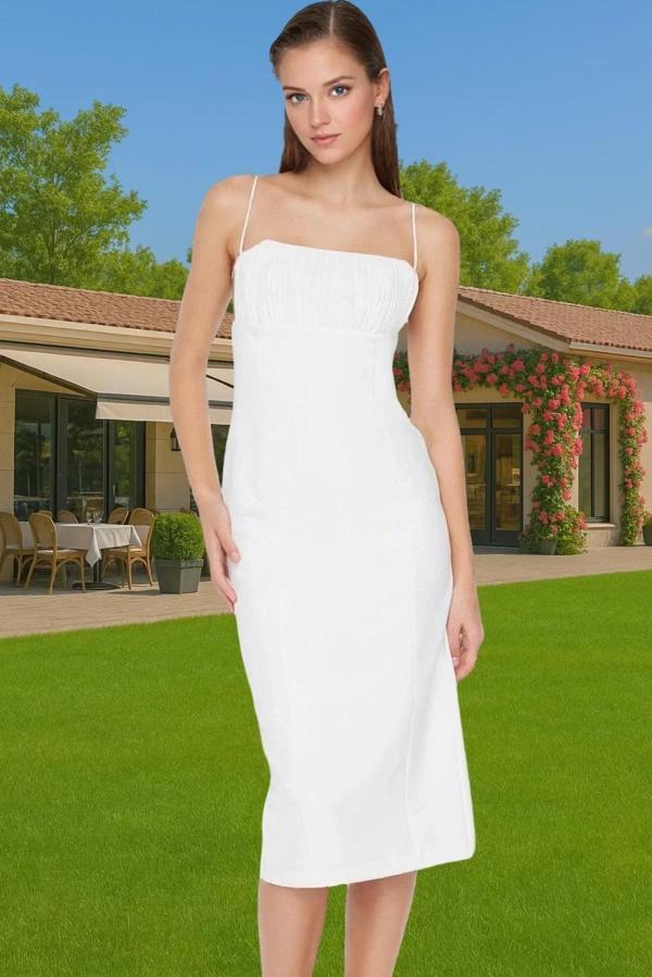 Zarif Bodycon Midi Abiye Elbise Dokuma Kumaş Yazlık Mezuniyet Profesyonel Görünüm Trend Tasarım - Image 1