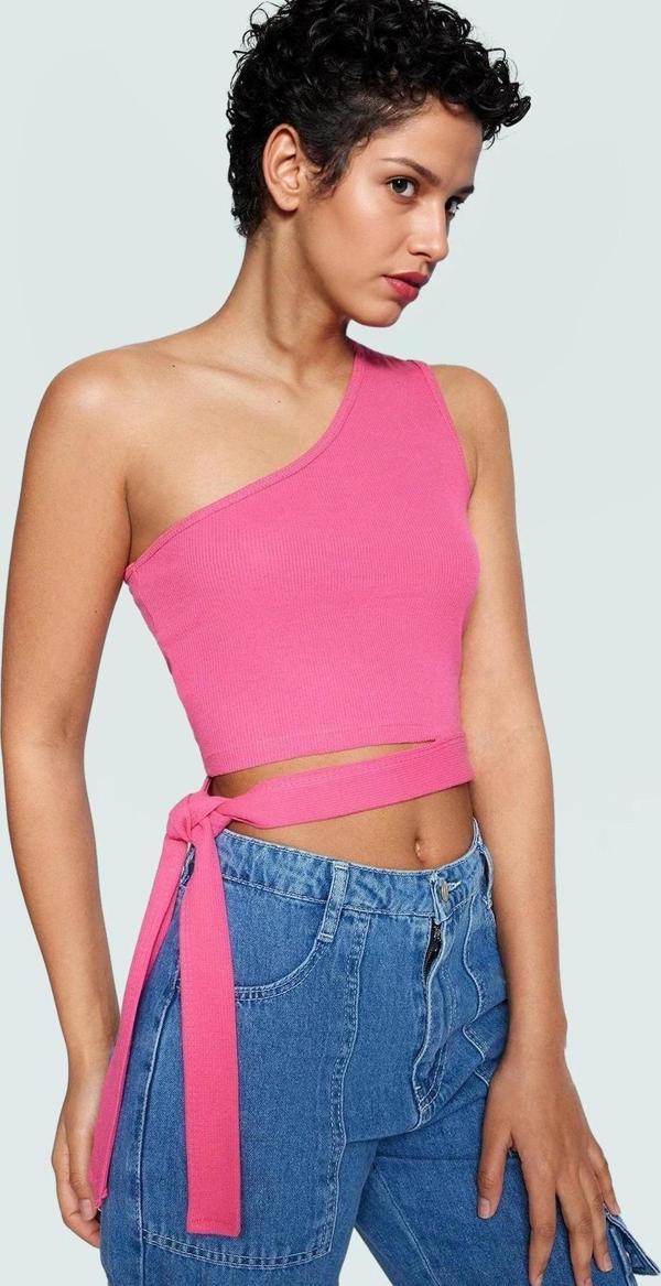 Tek Omuz Bağlamalı Crop Bluz Örme Pamuklu Yazlık Rahat Kombin Yüksek Kalite Uzun Ömürlü - Image 1