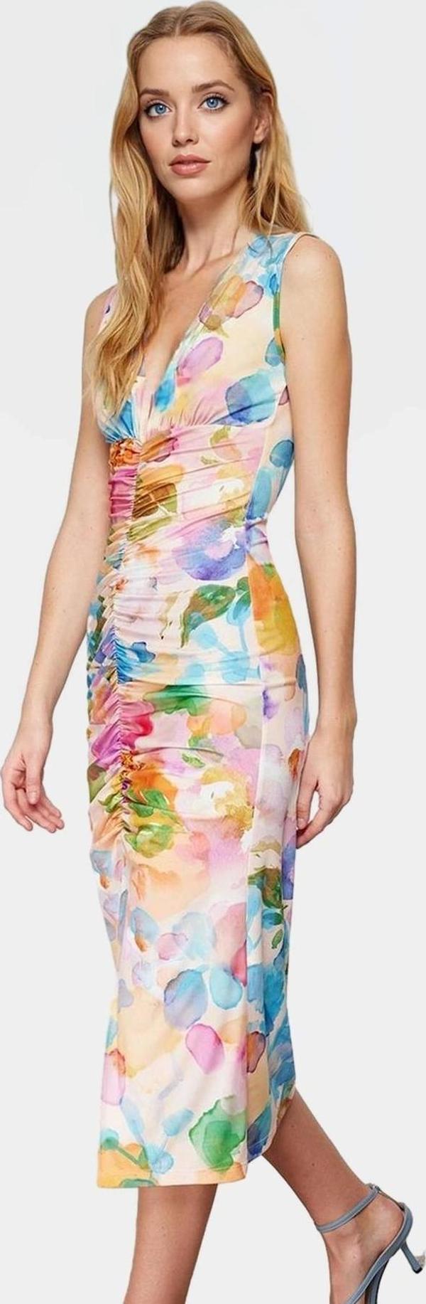 Şık Bodycon V Yaka Örme Midi Elbise Polyester Elastan Kumaştan Gündüz Ve Gece Rahat Kullanım - Image 1