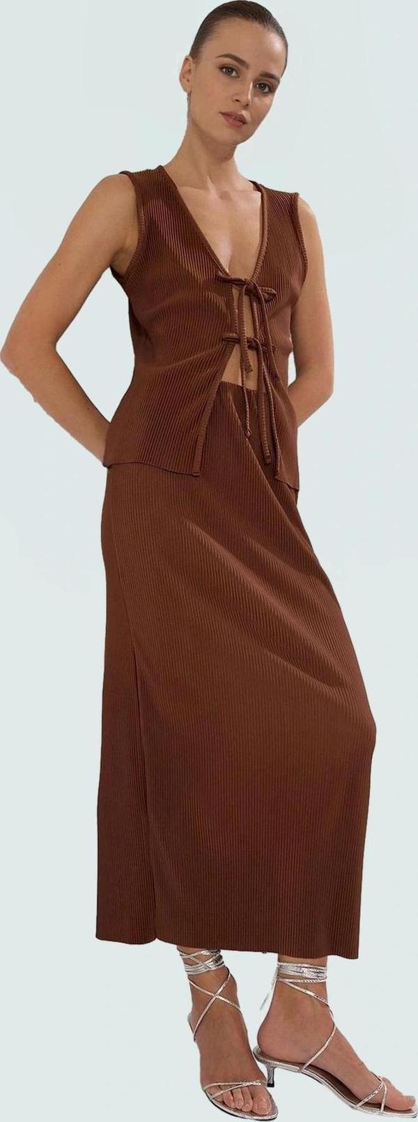 Kadın Pilise Örme Bluz Etek Takım Yüksek Bel Yazlık Casual Mükemmel Uyum Kalite - Image 1