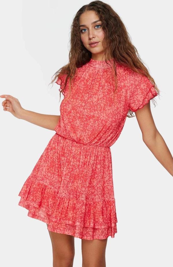 Çiçekli Mini Elbise Astarlı Kısa Kollu Dik Yaka Polyester Yazlık Dayanıklı Malzeme - Image 1