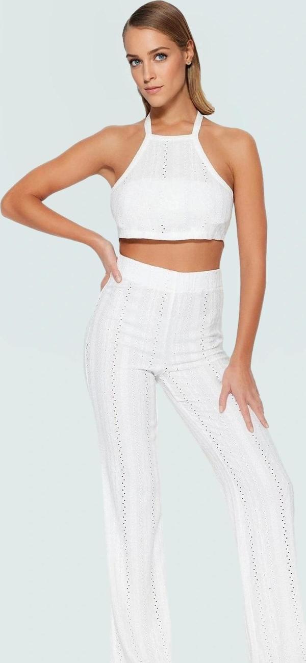 Dantel Detaylı Halter Yaka Crop Bluz ve Geniş Paça Pantolon Plaj Takımı Özel Tasarım - Image 1