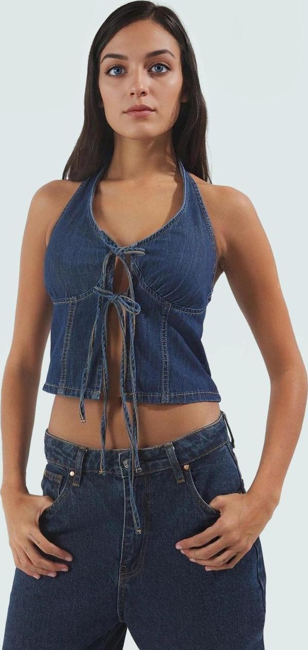 Kadın Denim Halter Yaka Crop Bluz Fitted Kalıp Günlük Yaz Profesyonel Görünüm Kullanım İçin - Image 1