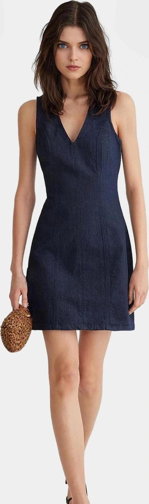 Yazlık Denim Mini Elbise V Yaka Basic Kalıp Pamuk Günlük Stil Konforlu Kesim Özenle Seçilmiş - Image 1
