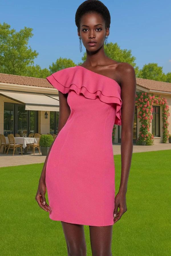 Tek Omuz Volanlı Mini Abiye Elbise Dokuma Finike Yazlık Kokteyl Günlük Kullanım İçin Premium Kalite - Image 1