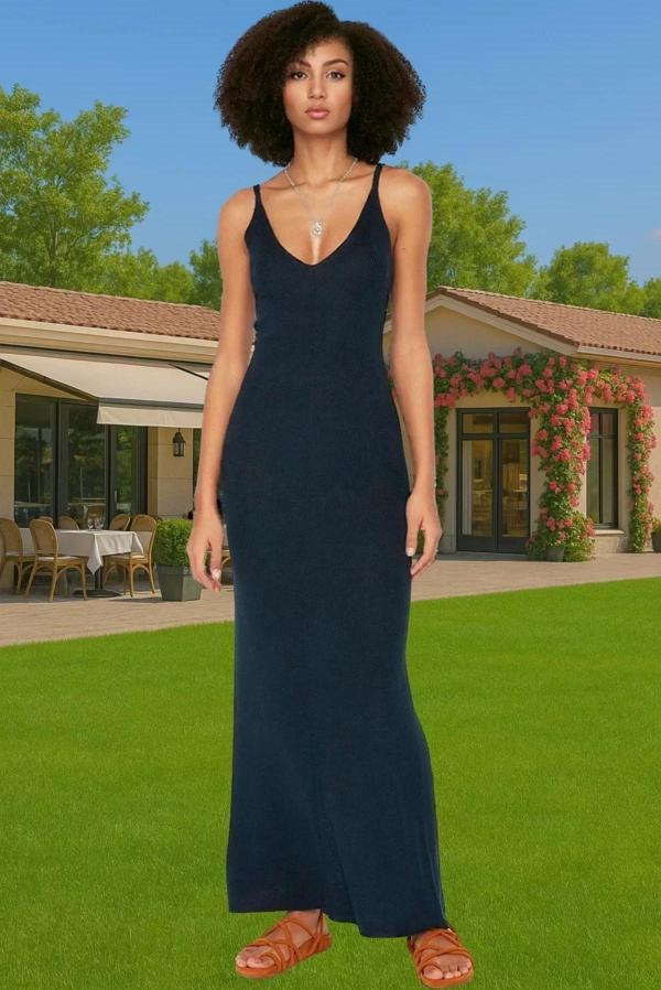 Kadın Maxi Basic Triko Elbise Akrilik V Yaka Günlük Şık Trend Tasarım Mükemmel Uyum Konforlu Kesim - Image 1