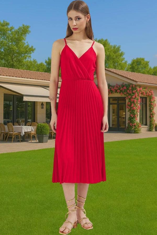 Pileli Midi Elbise Polyester Örme Yazlık Günlük Şık Özenle Seçilmiş Modern Stil Zarifane Tasarım - Image 1