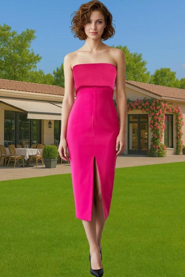 Şık Midi Boy Straplez Dokuma Abiye Elbise Polyester Karışımlı Yazlık Rahat Ve Şık Dayanıklı Malzeme - Image 1