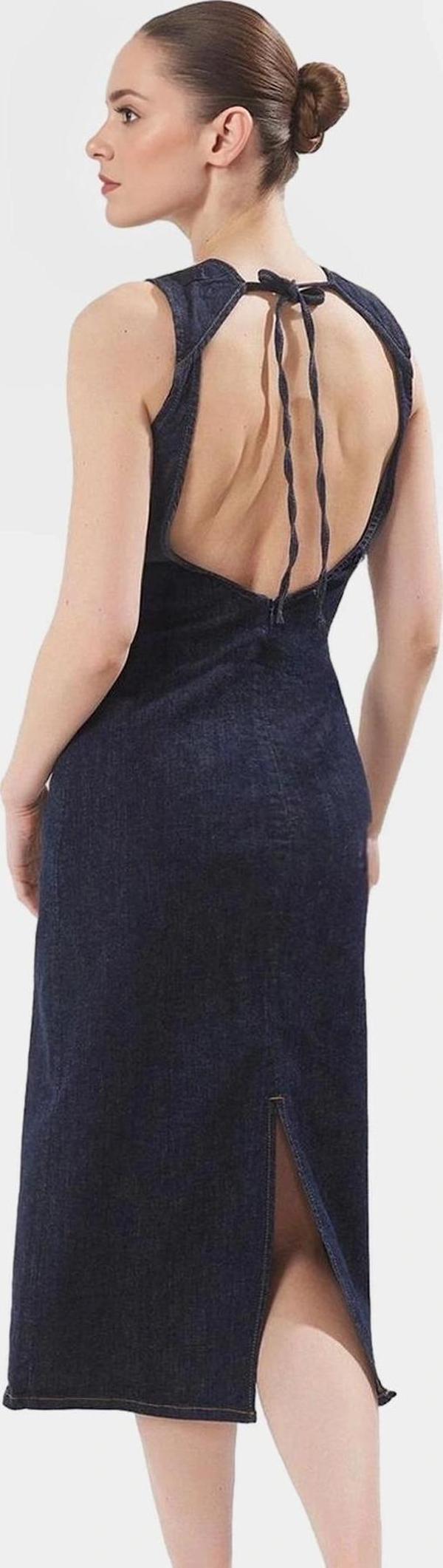 Midi Denim Elbise Sırt Dekolteli Bisiklet Yaka 98 Pamuk Günlük Şık Kullanım İçin - Image 1