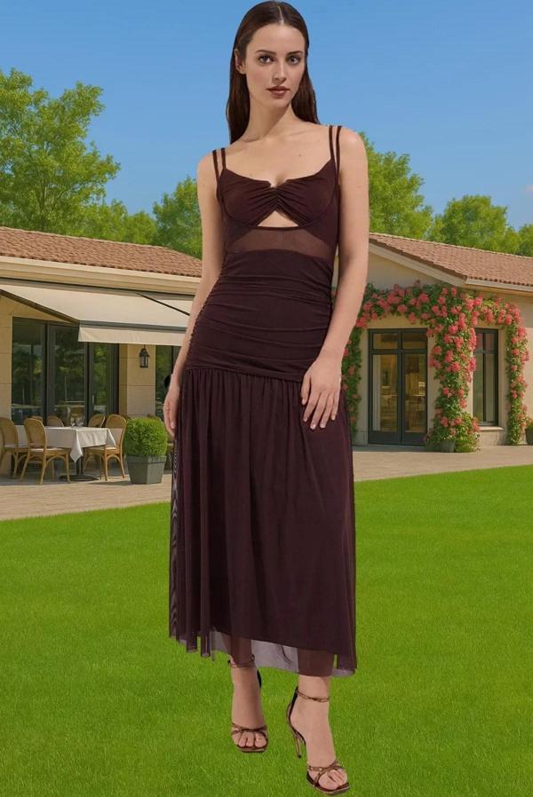 Büzgülü Tül Midi Abiye Elbise A Line V Yaka Örme Yazlık Şık Görünüm Özenle Seçilmiş Rahat Ve Şık - Image 1