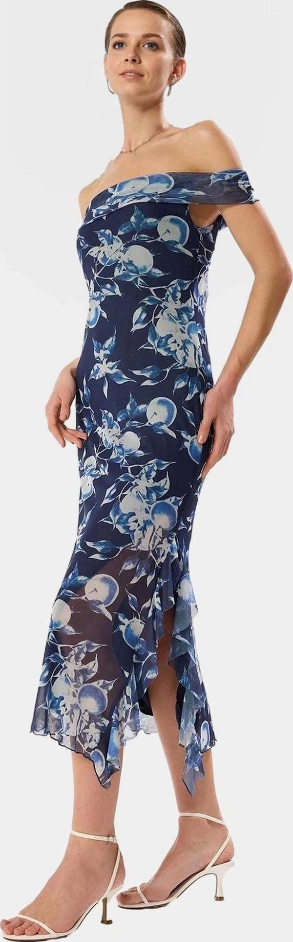 Çiçekli Desenli Midi Boy Tül Elbise Şık Bodycon Kalıp Rahat Polyester Kumaş Görünüm - Image 1