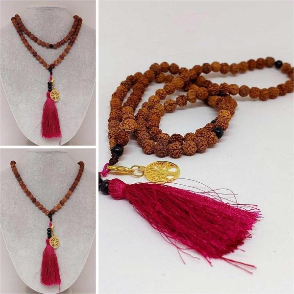 Rudraksha Tohumlu Bordo Püsküllü Yaşam Ağacı Aparatlı 108'lik Tibet Stili El Yapımı Mala Kolye - Image 1