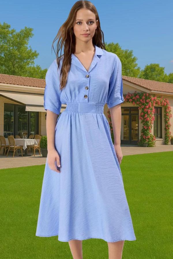 Viskoz Karışımlı A Kesim Midi Elbise Gömlek Yaka Günlük Stil Rahat Kullanım Özenle Seçilmiş - Image 1