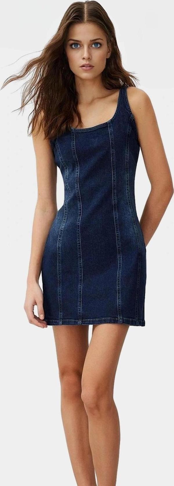 Denim Bisiklet Yaka Fitted Mini Elbise 99 Pamuk Rahat Günlük Dayanıklı Malzeme Zarifane Tasarım - Image 1